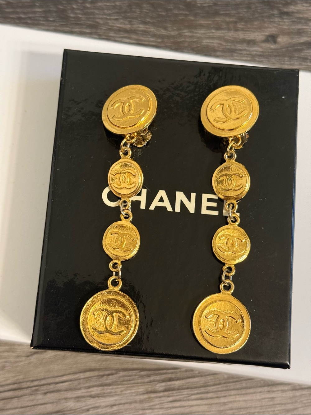 CHANEL Vintage Gold Drop CC Coin Dangle Clip On Earrings
